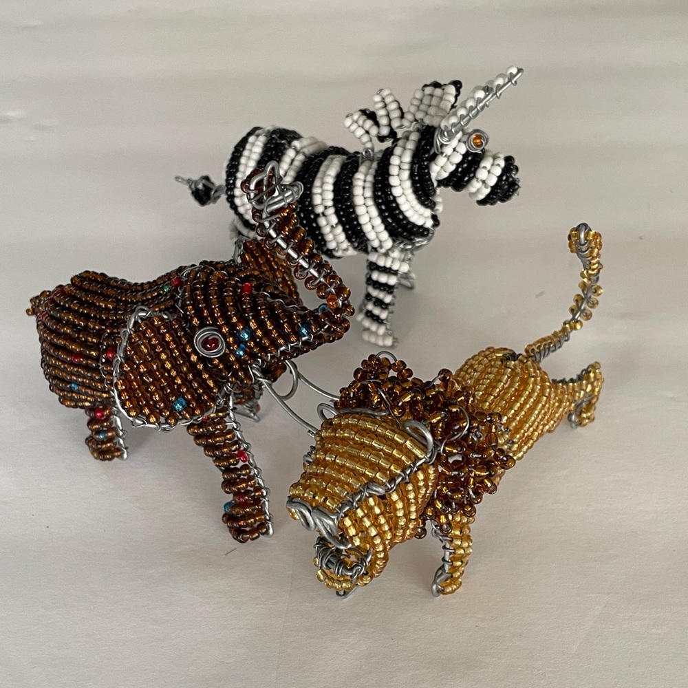 Set of 3- African Handmade Beaded Safari Animal Figurines Decor Accents NWOT